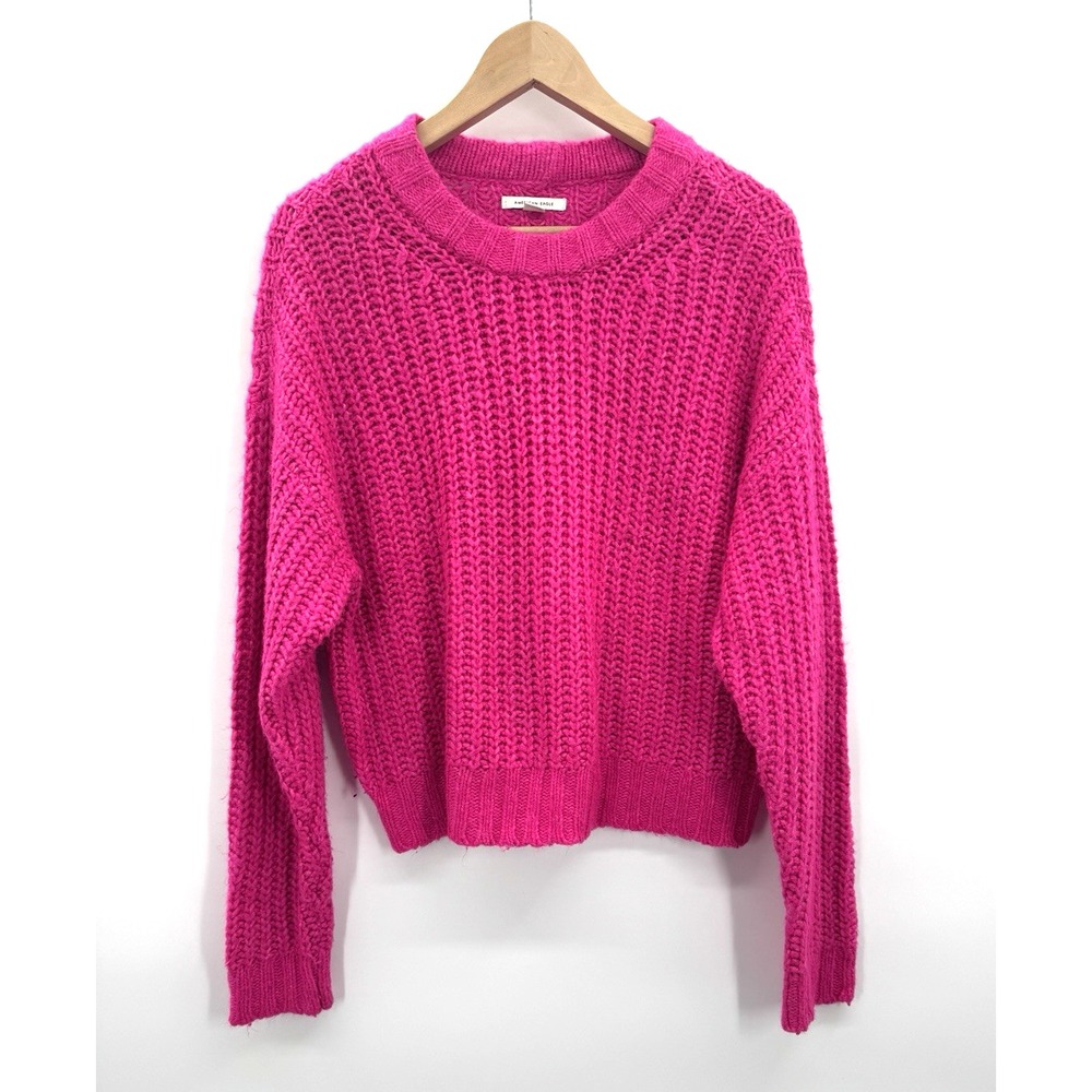 American Eagle Neon Pink Fuchsia Chunky Knit Boxy Sweater Small Layer Cozy Warm